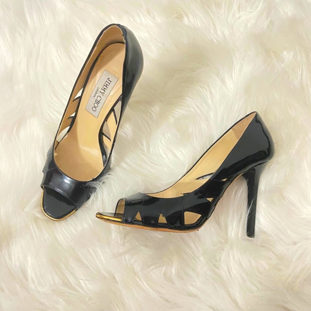 Black Patent Leather Gold Trim Jimmy Choo Cutout Heels